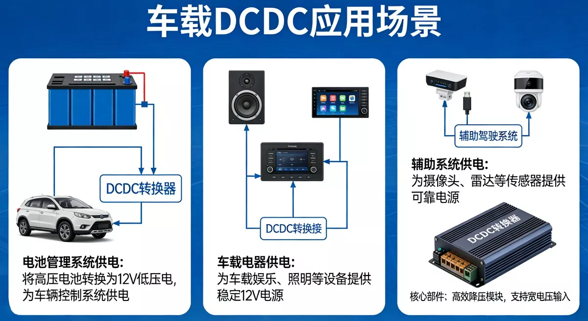深圳乐飞能源技术有限公司官网车载DCDC电源解决方案页面截图，展示功率范围800W至6KW及输出电压14V/24V/27V/48V等产品信息