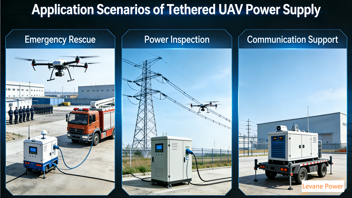Tethered UAV power supply station enabling continuous flight for emergency rescue, power inspection, and communication support through ground-to-air power conversion and intelligent tether management.
