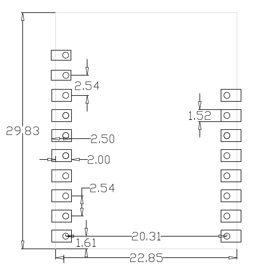 CC1120模块尺寸图,CC1120模块,SPI窄带模块,窄带通信,抗干扰,大功率模块,无线模块,射频模块,915MHz